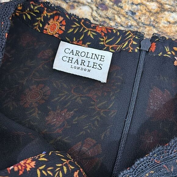 Caroline Charles Boho Vintage Silk Floral Print Beaded Dress Size 16-20 - Picture 7 of 9